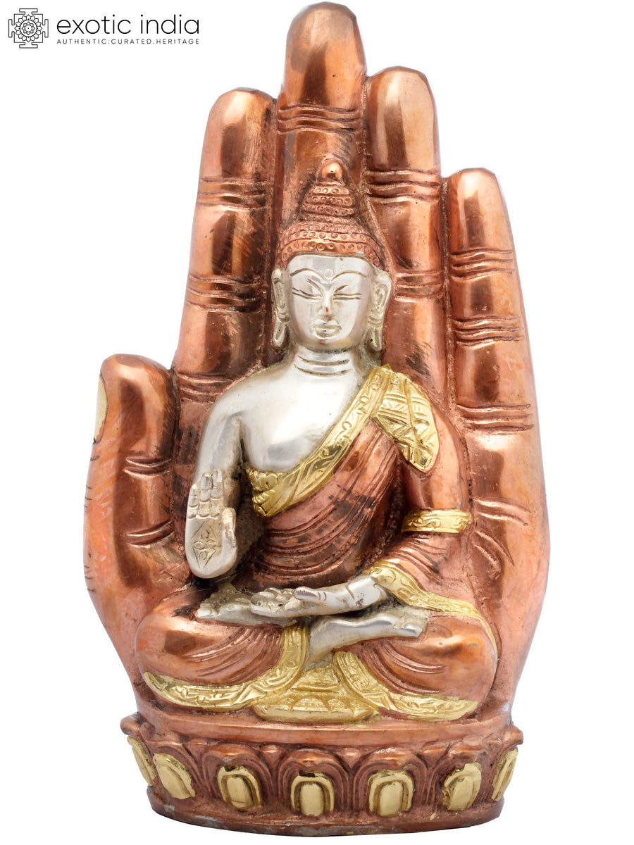 9" Buddha in Hand Tibetan Brass Statue Handmade