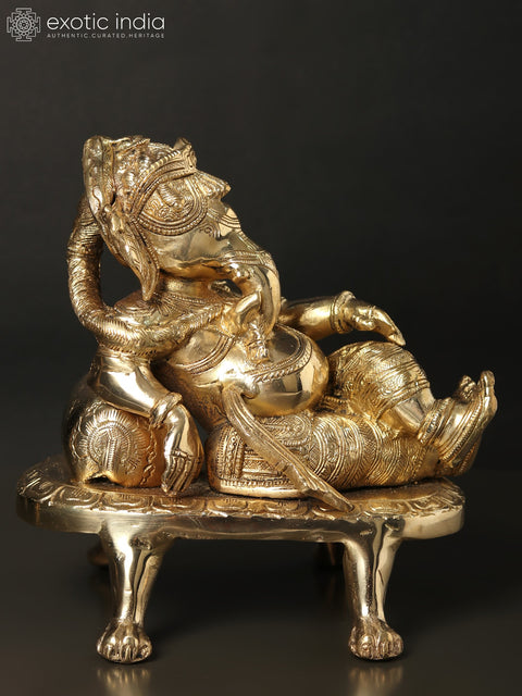 8" Relaxing Ganesha Idol with Cushion | Handmade Brass Statues | Made in India