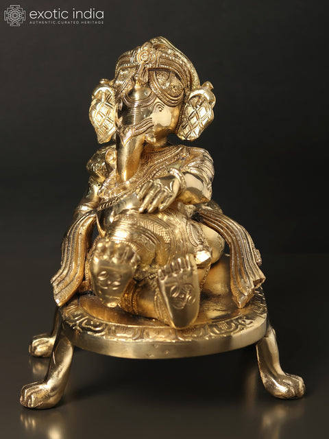8" Relaxing Ganesha Idol with Cushion | Handmade Brass Statues | Made in India