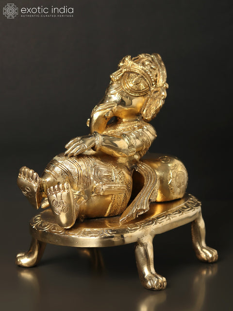 8" Relaxing Ganesha Idol with Cushion | Handmade Brass Statues | Made in India