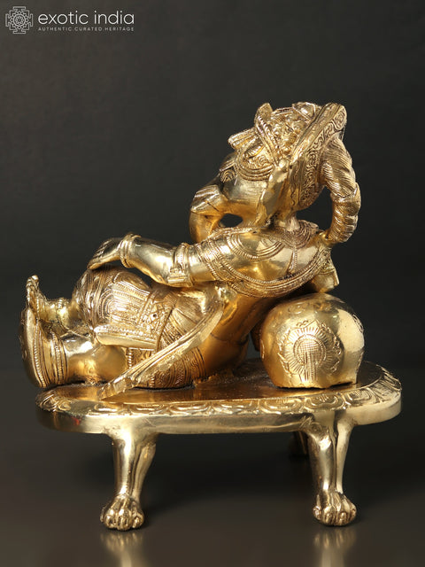 8" Relaxing Ganesha Idol with Cushion | Handmade Brass Statues | Made in India
