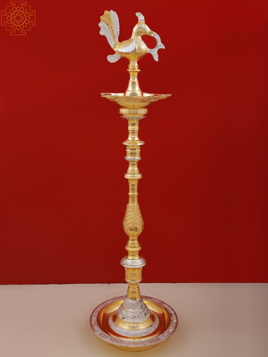 34" Large Brass Mayura Lamp Handmade Indian Home Decor