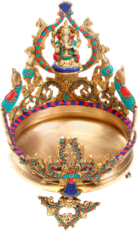 16" Lord Ganesha Brass Urli with Peacocks and Elephants | Handmade