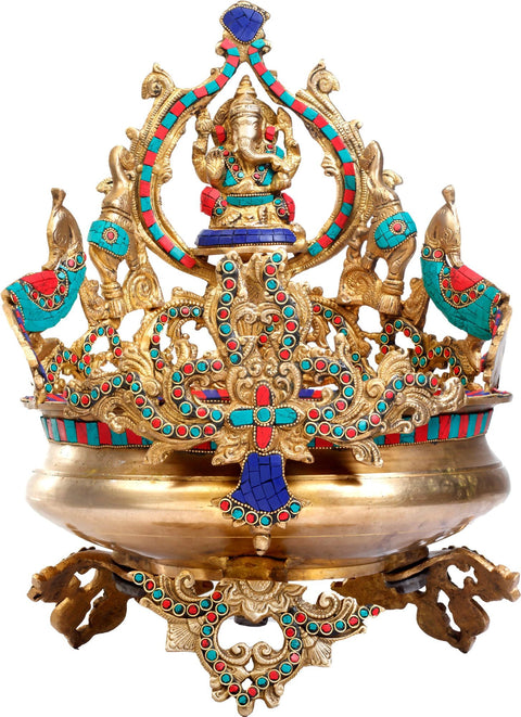 16" Lord Ganesha Brass Urli with Peacocks and Elephants | Handmade
