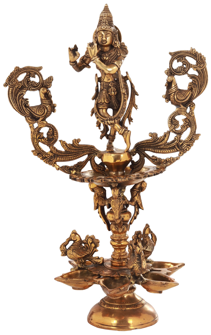 19" Lord Krishna Brass Oil Lamp Handcrafted Idol