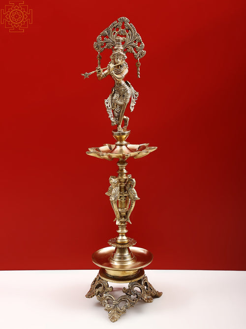 27" Brass Krishna Fluting Lamp Handmade Statue