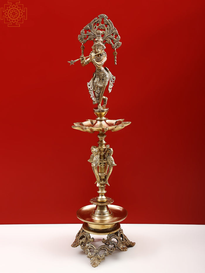 27" Large Fluting Krishna Lamp in Brass | Exquisite Handmade Craft | Authentic Indian Art