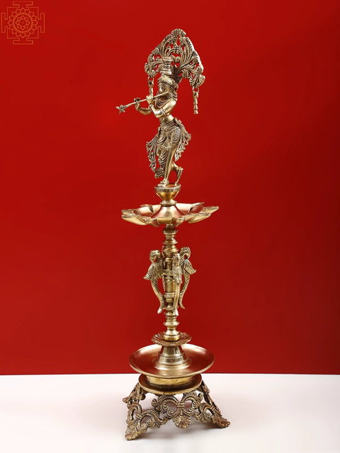 27" Large Fluting Krishna Lamp in Brass | Exquisite Handmade Craft | Authentic Indian Art
