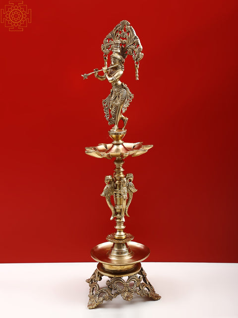 27" Large Fluting Krishna Lamp in Brass | Exquisite Handmade Craft | Authentic Indian Art