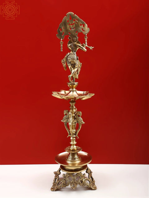 27" Large Fluting Krishna Lamp in Brass | Exquisite Handmade Craft | Authentic Indian Art
