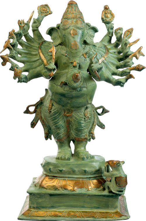 23" Handcrafted Sixteen-Armed Vira-Ganesha Brass Sculpture