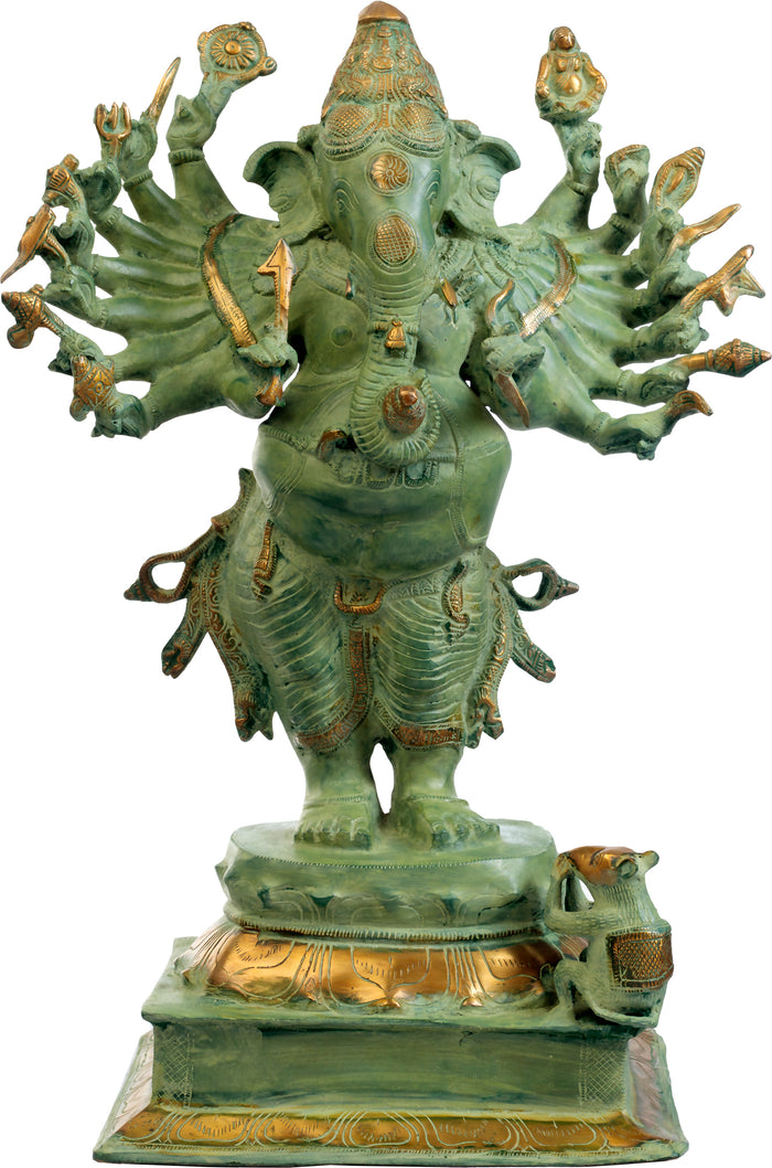 23" Handcrafted Sixteen-Armed Vira-Ganesha Brass Sculpture | Traditional Indian Masterpiece