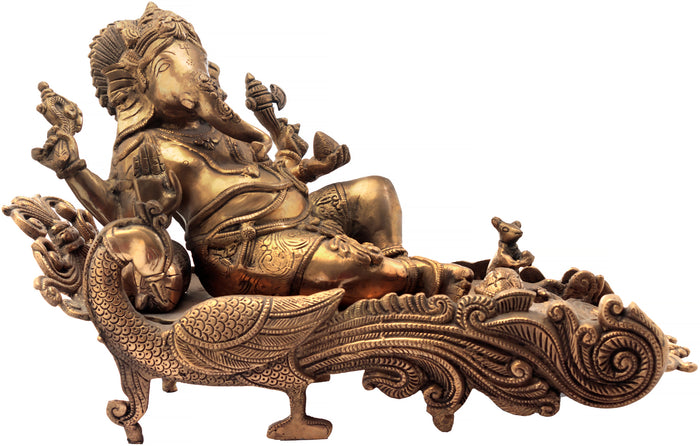 15" Ganesha Idol on Peacock Recliner Handmade Brass Statue