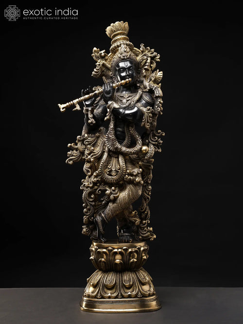 29" Tribhanga Krishna Brass Sculpture Handmade with Golden Vine Detailing
