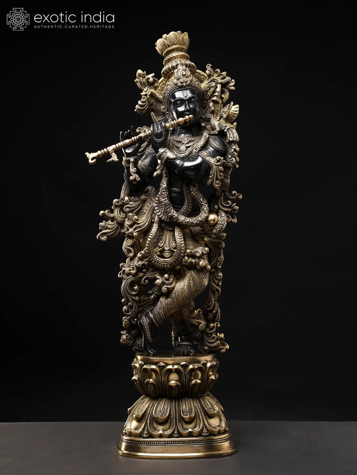 29" Tribhanga Krishna Brass Sculpture Handmade with Golden Vine Detailing