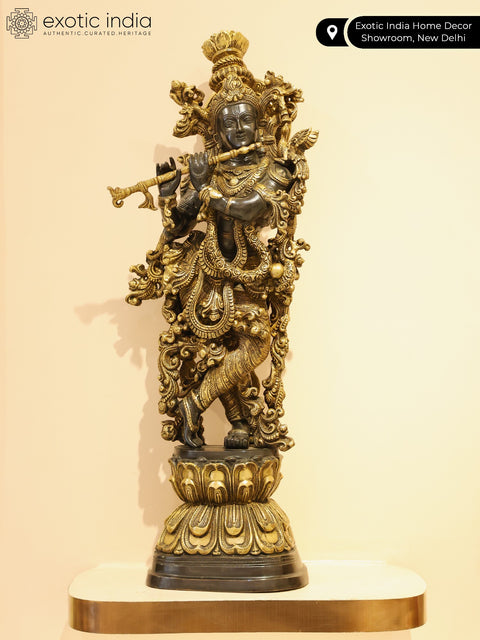 29" Tribhanga Murari (Krishna) Brass Sculpture | Handmade with Golden Vine Detailing