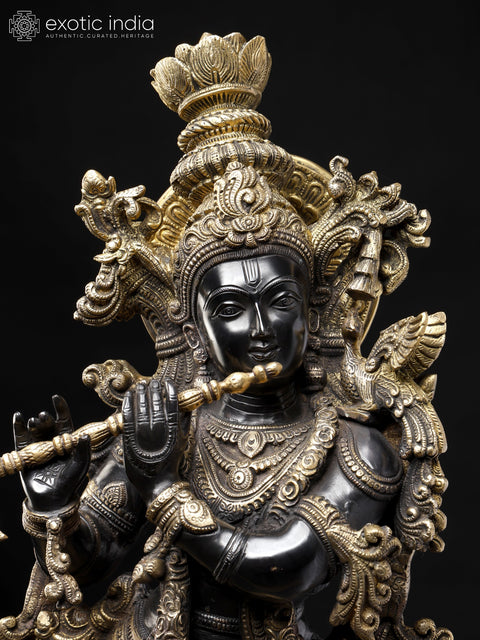 29" Tribhanga Murari (Krishna) Brass Sculpture | Handmade with Golden Vine Detailing