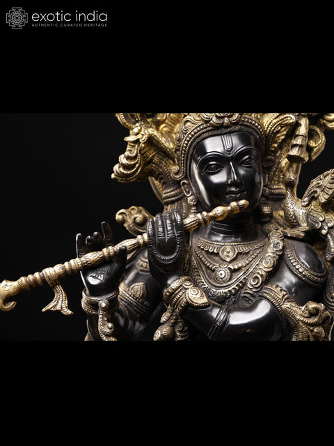 29" Tribhanga Murari (Krishna) Brass Sculpture | Handmade with Golden Vine Detailing