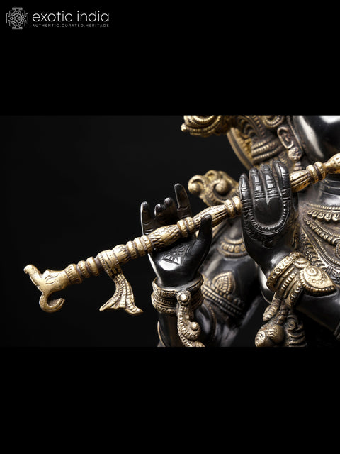 29" Tribhanga Murari (Krishna) Brass Sculpture | Handmade with Golden Vine Detailing