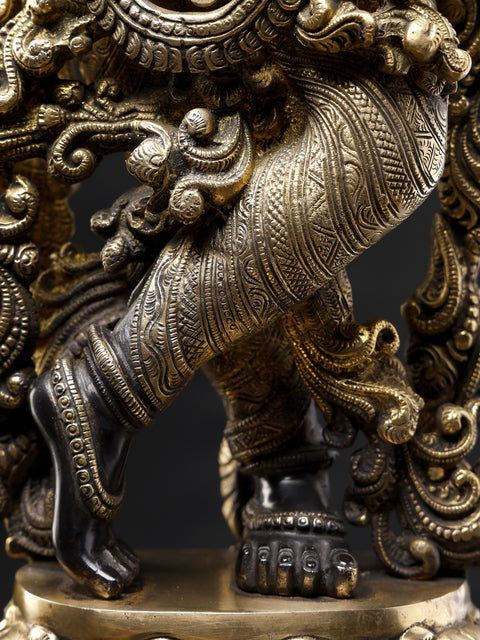 29" Tribhanga Murari (Krishna) Brass Sculpture | Handmade with Golden Vine Detailing