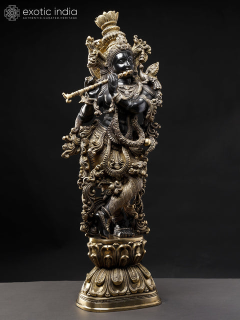29" Tribhanga Murari (Krishna) Brass Sculpture | Handmade with Golden Vine Detailing