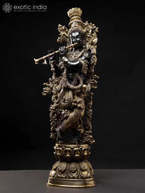 29" Tribhanga Murari (Krishna) Brass Sculpture | Handmade with Golden Vine Detailing