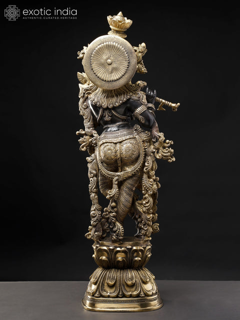 29" Tribhanga Murari (Krishna) Brass Sculpture | Handmade with Golden Vine Detailing