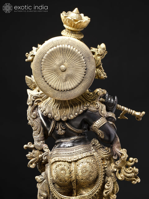 29" Tribhanga Murari (Krishna) Brass Sculpture | Handmade with Golden Vine Detailing