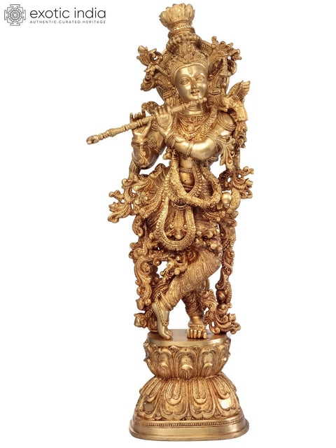 29" Tribhanga Murari (Krishna) Brass Sculpture | Handmade with Golden Vine Detailing