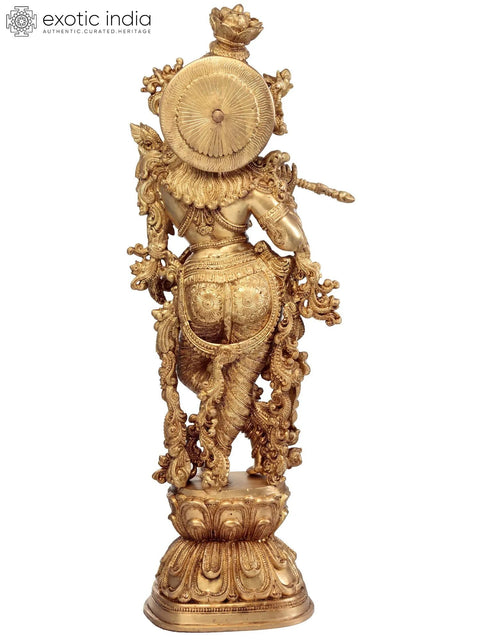 29" Tribhanga Murari (Krishna) Brass Sculpture | Handmade with Golden Vine Detailing