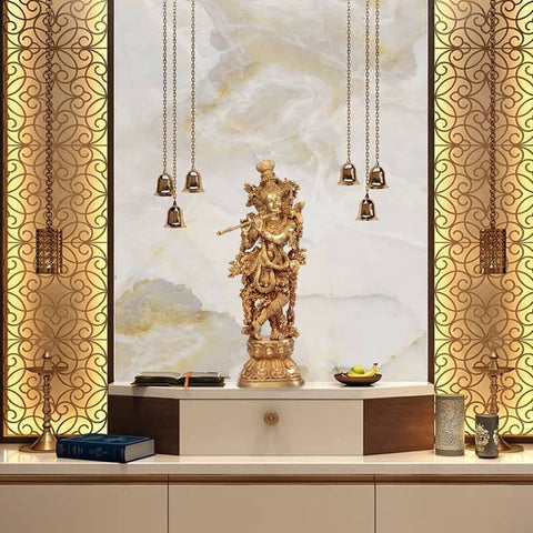 29" Tribhanga Murari (Krishna) Brass Sculpture | Handmade with Golden Vine Detailing