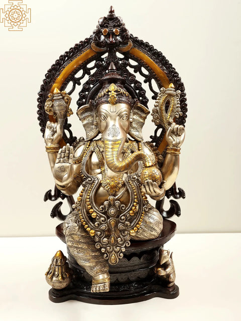 26" Blessing Ganesha with Kirtimukha Aureole In Brass | Handmade | Made In India