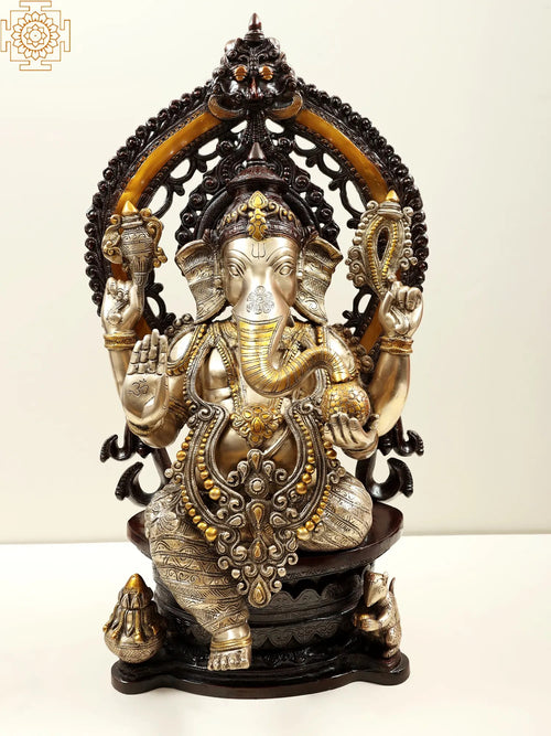 26" Blessing Ganesha Brass Statue with Kirtimukha Aureole Handmade