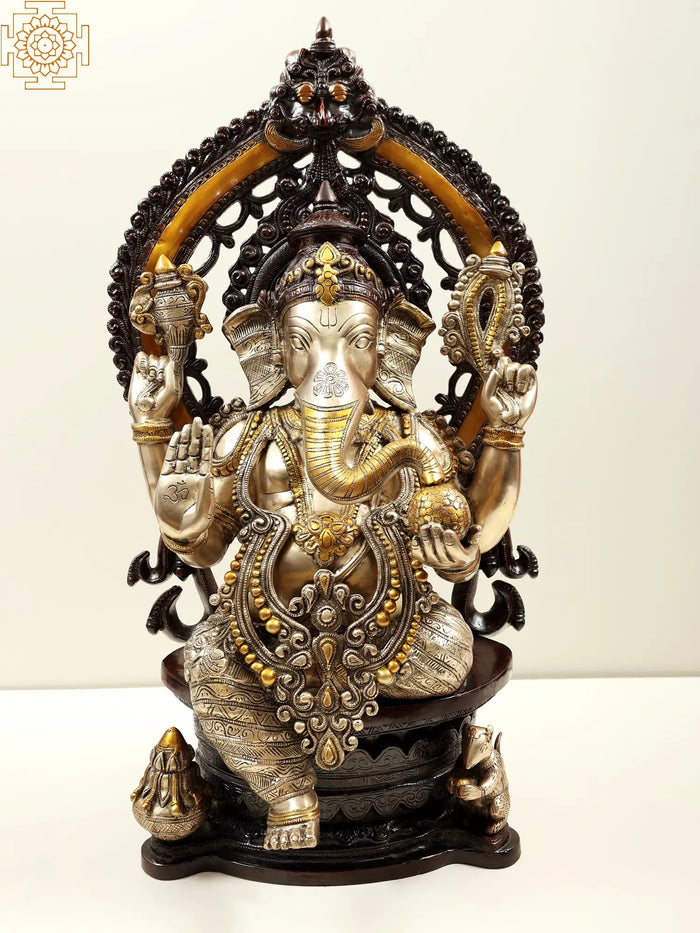 26" Blessing Ganesha Brass Statue with Kirtimukha Aureole Handmade