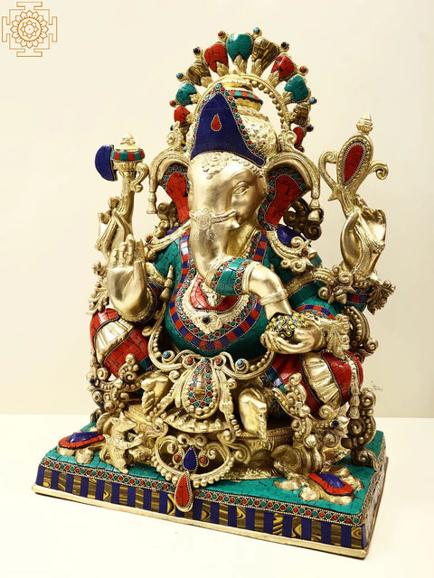 20" Ornamented Lord Ganesha Brass Statue | Exquisite Handmade Craft | Symbol of Prosperity
