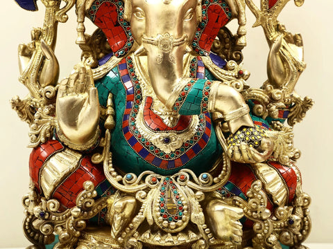 20" Ornamented Lord Ganesha Brass Statue | Exquisite Handmade Craft | Symbol of Prosperity