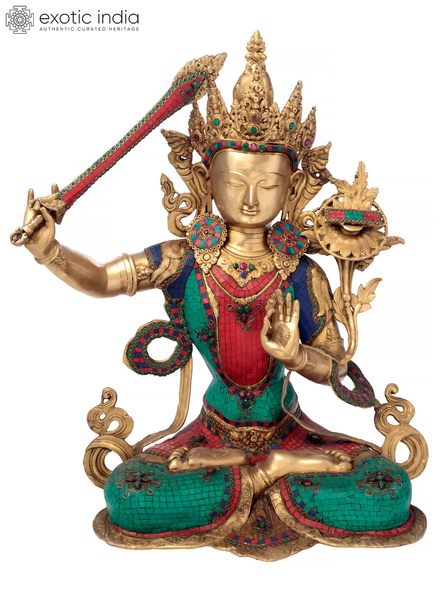 32" Large Manjushri Brass Idol - Tibetan Buddhist Bodhisattva Statue