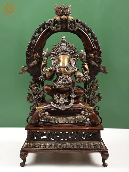 27" Brass Ganesha Seated on Lotus Seat with Prabhavali Statue
