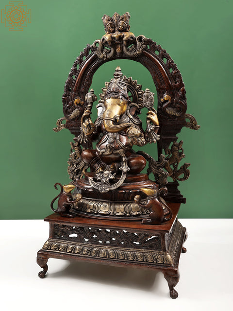 27" Ganesha Seated on Lotus Seat with Prabhavali In Brass | Handmade | Made In India