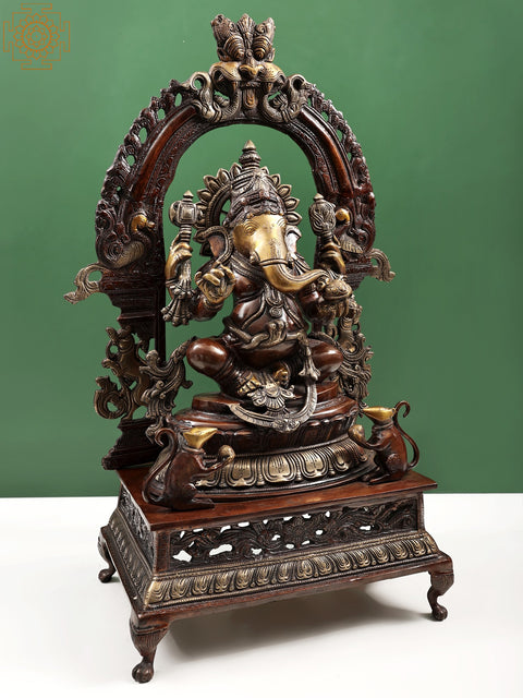 27" Ganesha Seated on Lotus Seat with Prabhavali In Brass | Handmade | Made In India
