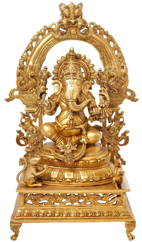 27" Ganesha Seated on Lotus Seat with Prabhavali In Brass | Handmade | Made In India