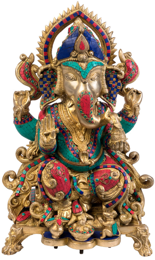 22" Ganesha Seated on Throne Brass Statue Handmade