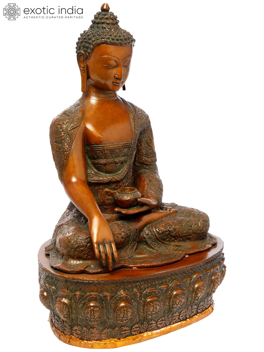 21" Bhumisparsha Buddha Brass Statue with Carved Robe Tibetan Buddhist