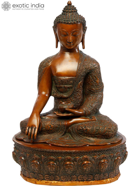 21" Bhumisparsha Buddha Wearing a Carved Robe (Tibetan Buddhist) In Brass | Handmade | Made In India