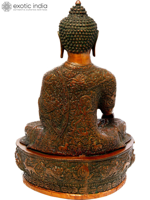 21" Bhumisparsha Buddha Wearing a Carved Robe (Tibetan Buddhist) In Brass | Handmade | Made In India