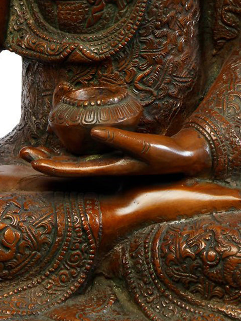 21" Bhumisparsha Buddha Wearing a Carved Robe (Tibetan Buddhist) In Brass | Handmade | Made In India