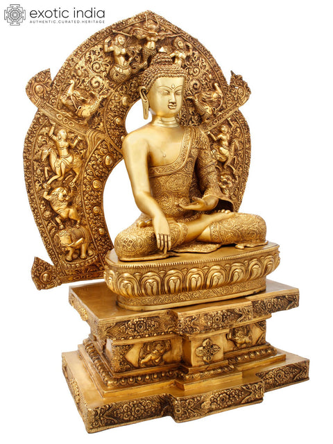 34" Large Size - Lord Buddha Seated on Six-Ornament throne of Enlightenment (Tibetan Buddhist) in Brass