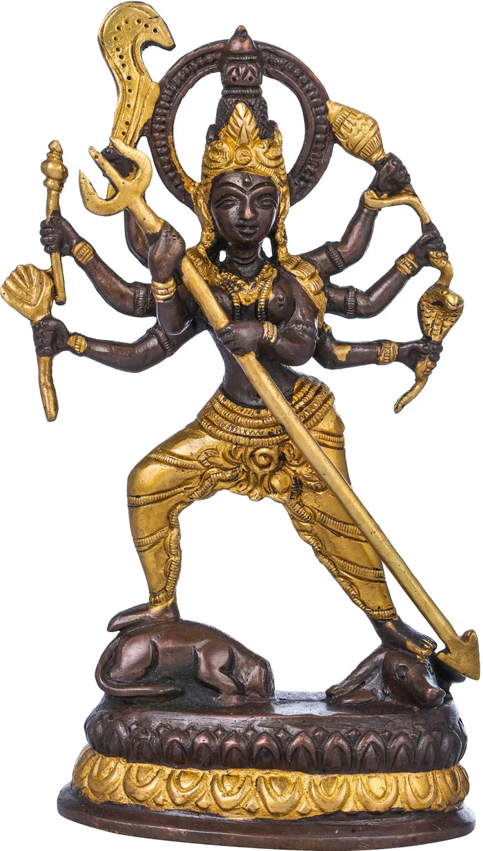 7" Astabhujadhari Durga Brass Statue - Handmade Fierce Protector