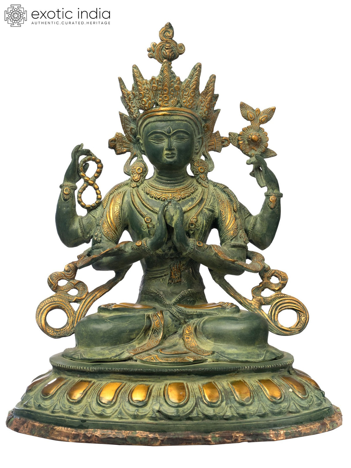 18" Tibetan Buddhist Deity Chenrezig (Four-Armed Avalokiteshvara) In Brass | Handmade | Made In India