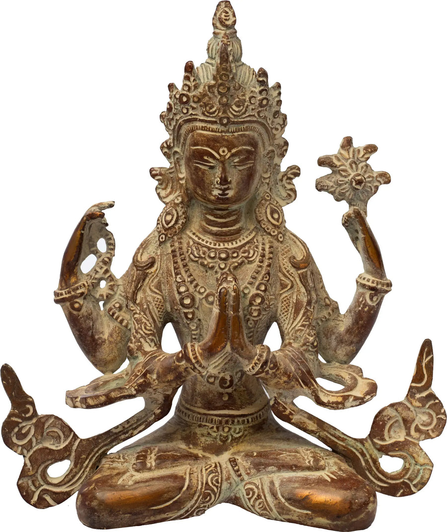 7" Four-Armed Chenrezig Brass Statue | Tibetan Buddhist Handmade